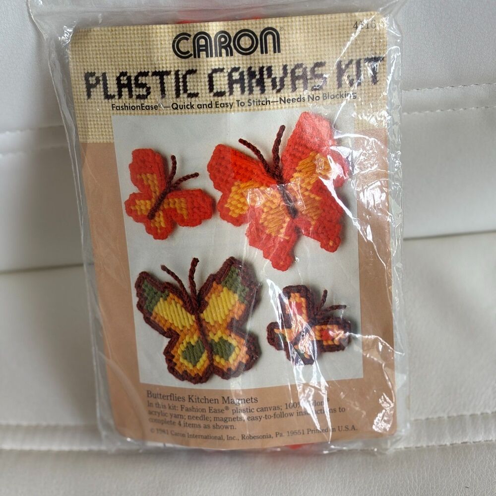 Vintage Caron Plastic Canvas Kit Butterflies Kitchen Magnets #4161 New Sealed